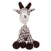 Jouet en peluche fait main ressemblant à un âne ou un cheval avec de la fourrure marron et blanche.