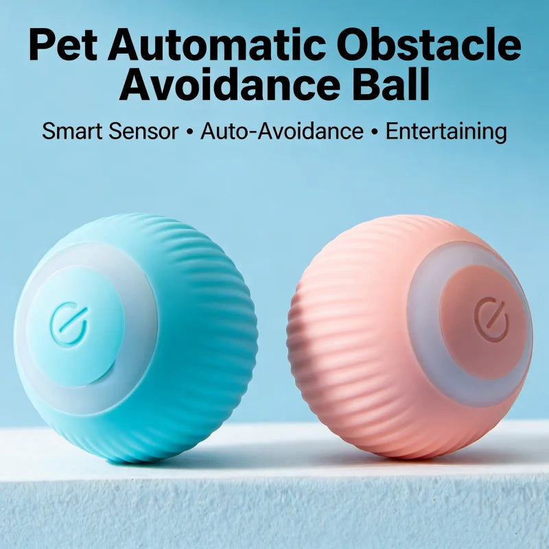 Two pet automatic obstacle avoidance balls, one blue and one pink, resting on a white surface.