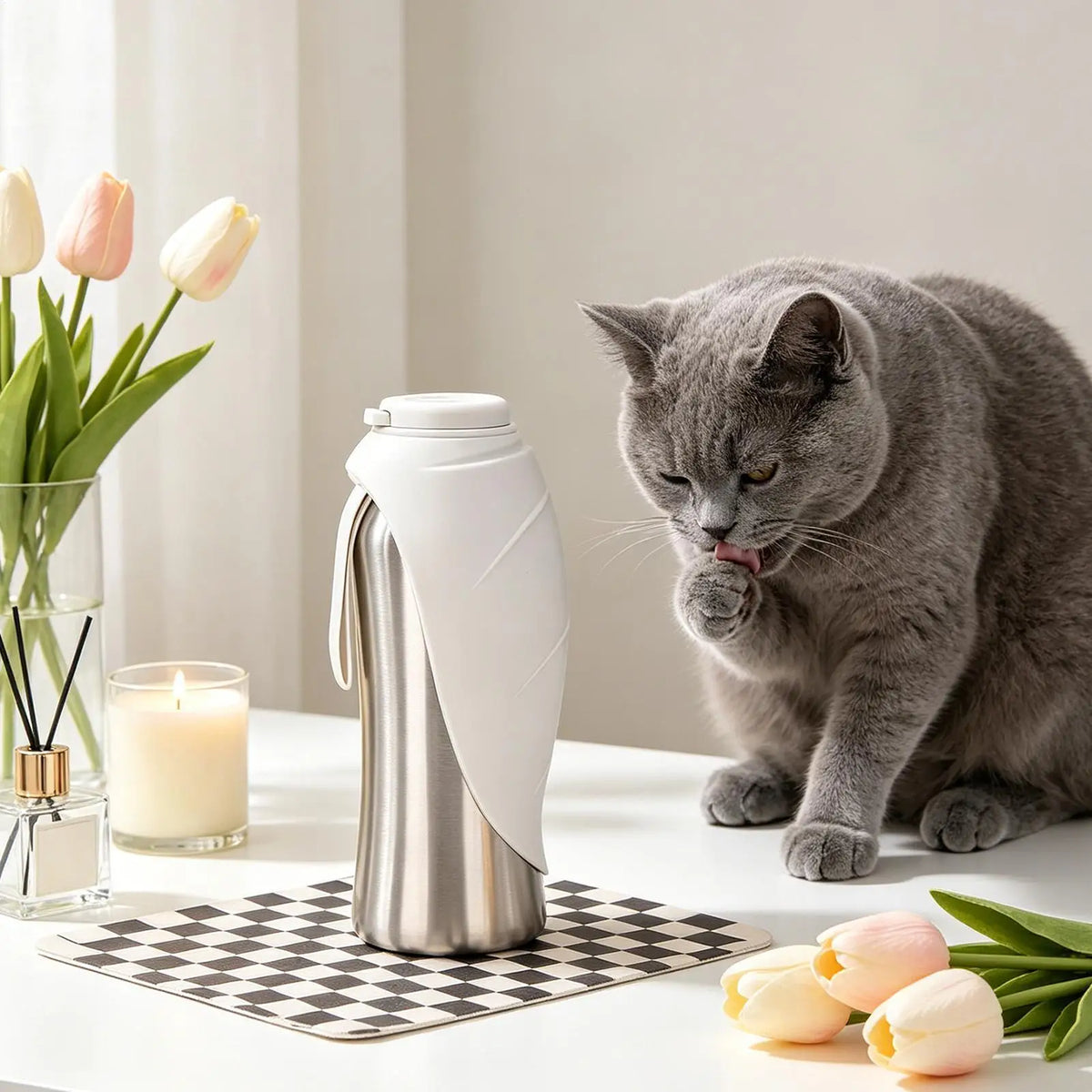 A gray cat sits next to a silver portable leak-proof dog water bottle with a white built-in bowl on a checkered mat.