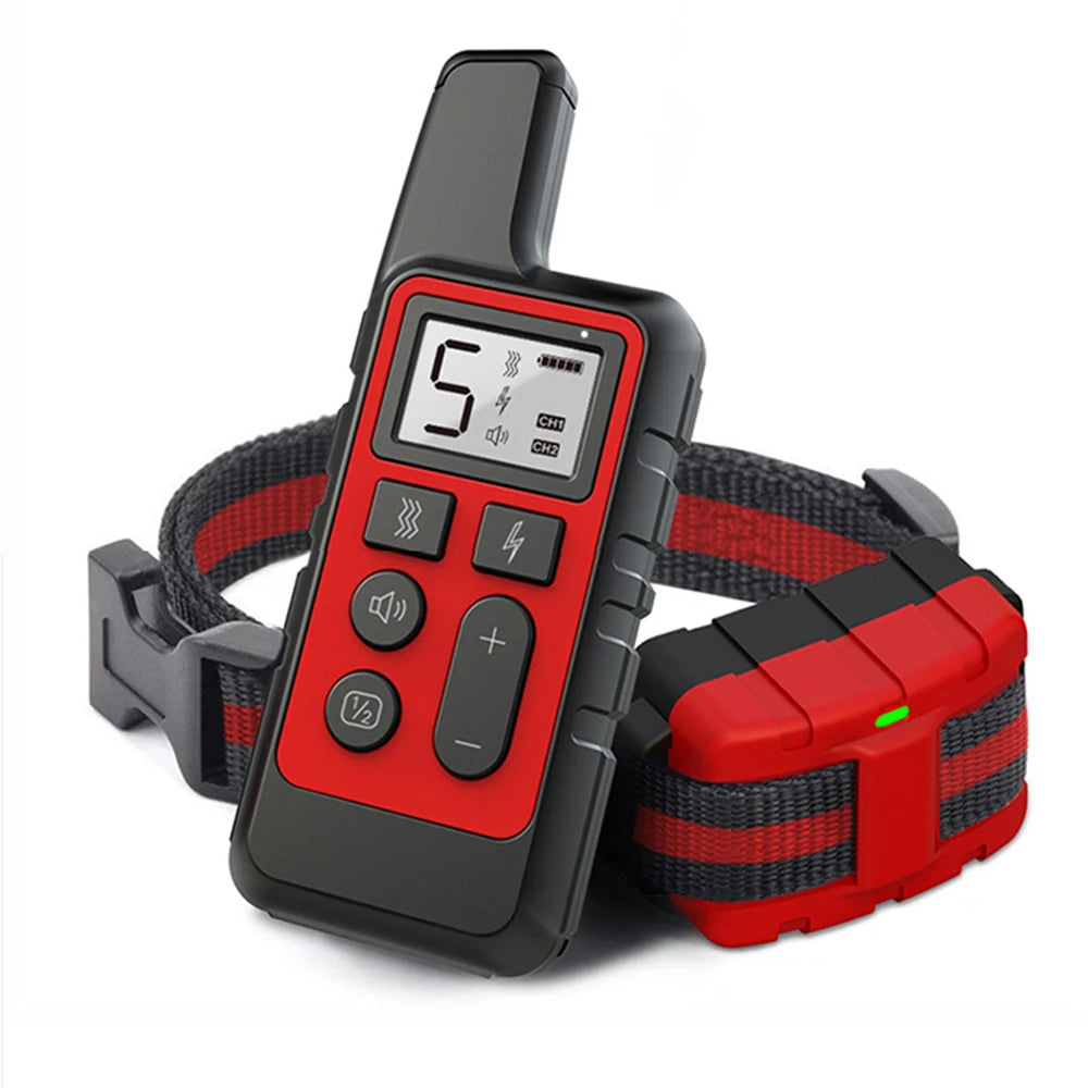 A black and red rechargeable remote dog training collar with an LCD display is shown on a strap.