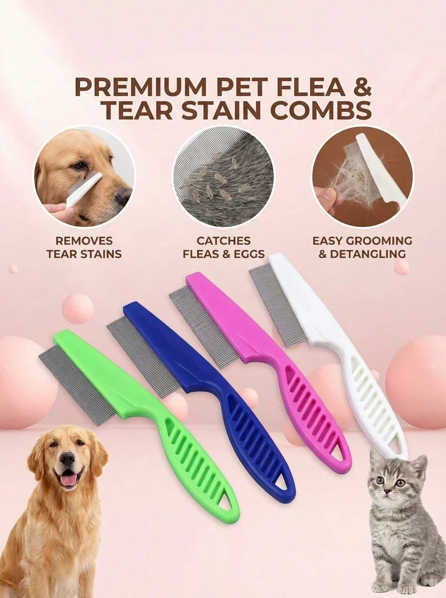 A collection of fine-toothed stainless steel pet grooming combs for removing tear stains, fleas, and debris, shown next to a 