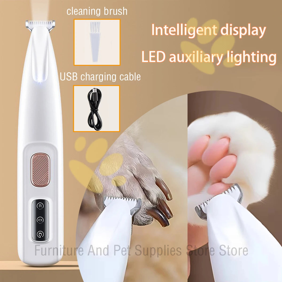 A white pet grooming trimmer is shown next to a cleaning brush and USB cable, with an inset showing the device being used on 