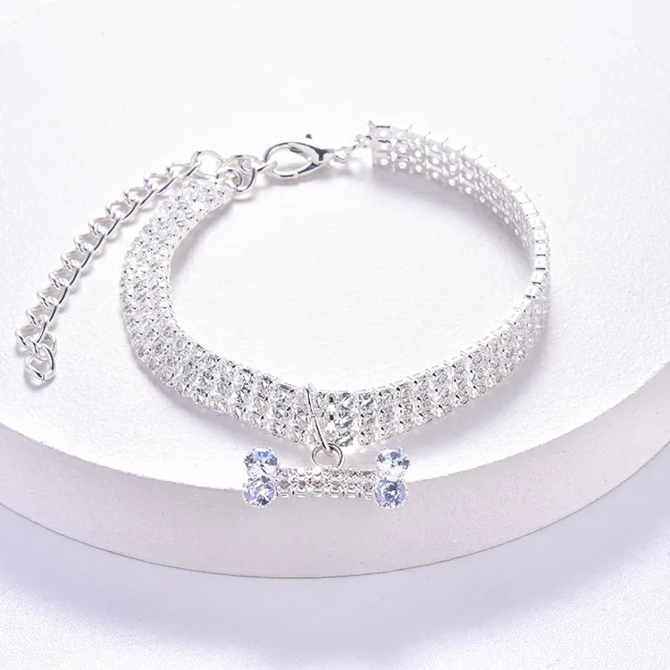 Crystal Rhinestone Dog Collar with Bone Pendant