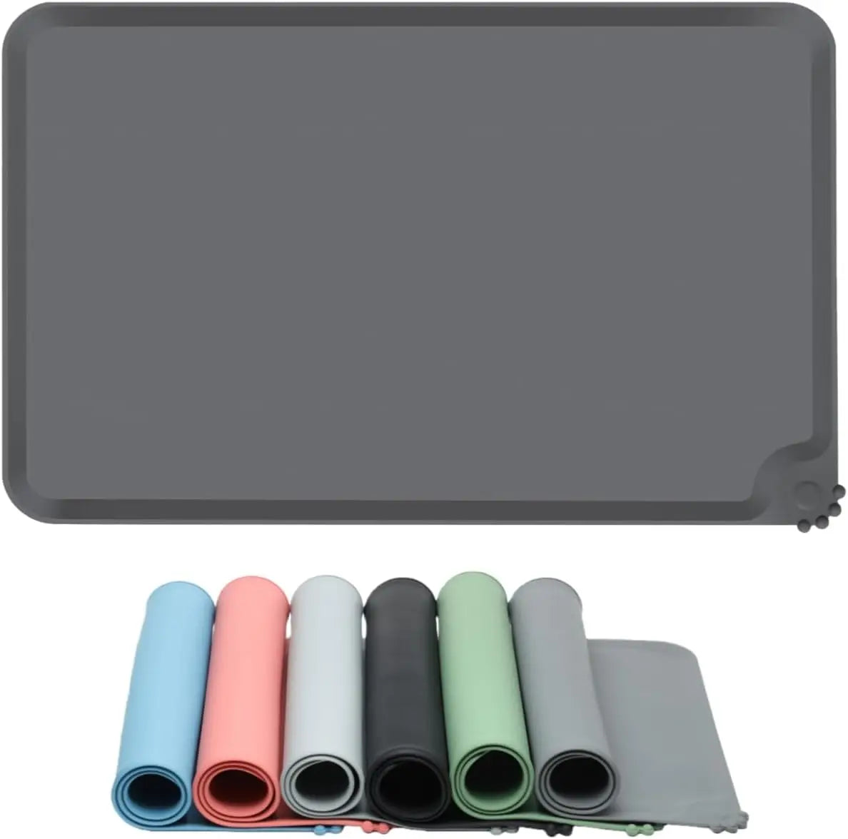 A set of waterproof silicone pet feeding mats in various colors and shades, including blue, pink, gray, and green.
