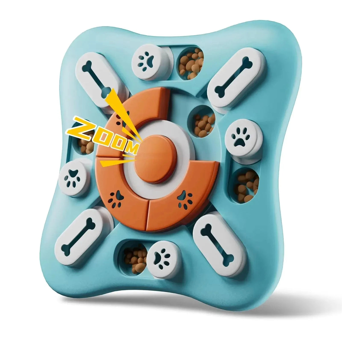 A light blue interactive dog puzzle toy featuring various bone-shaped and paw-shaped components for mental stimulation.