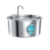 Stainless steel pet water fountain with a clear water flow and an oval window showing blue water.