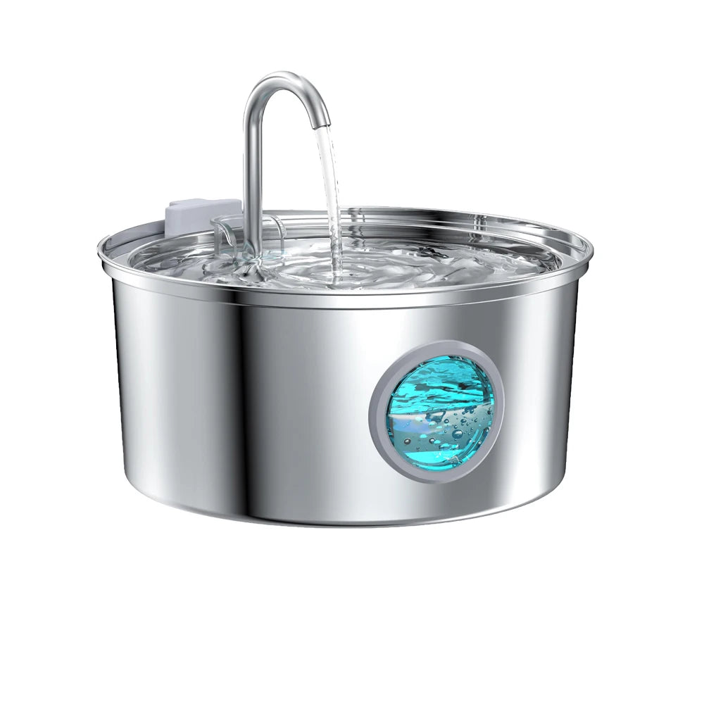 Stainless steel pet water fountain with a clear water flow and an oval window showing blue water.