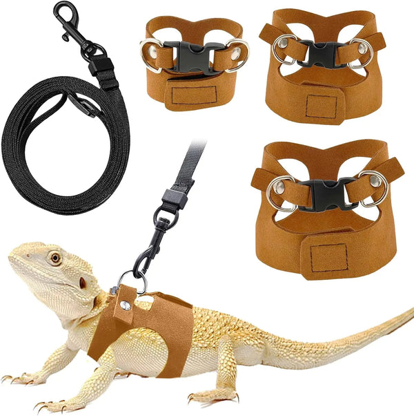 A set of adjustable leather harness and leash for bearded dragons, including a harness, leash, and collar.