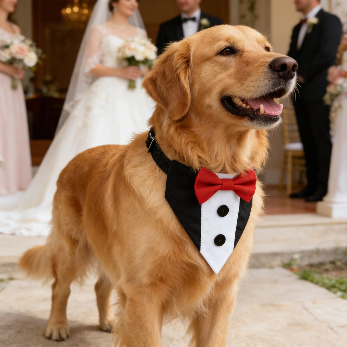 A golden retriever wearing an elegant black and red bow tie collar is standing outdoors.