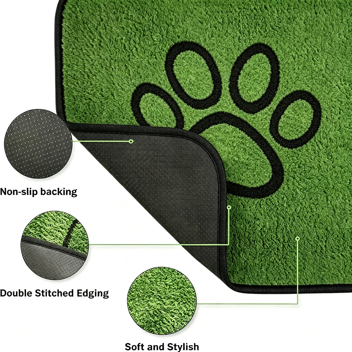 A green dog training mat featuring a paw print design, showing non-slip backing, double stitched edging, and soft texture.