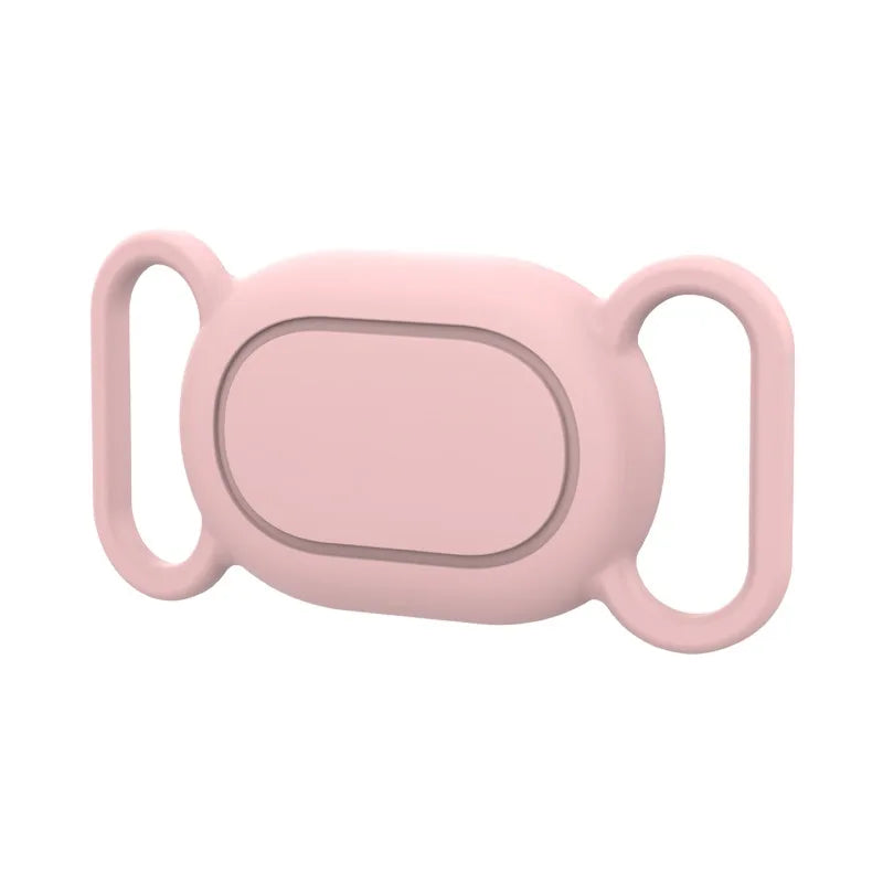 A pink silicone protective case designed for a pet tracker with a collar mount.