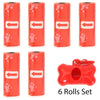 A set of six red reusable pet poop bag dispensers with white arrows and a leash clip.