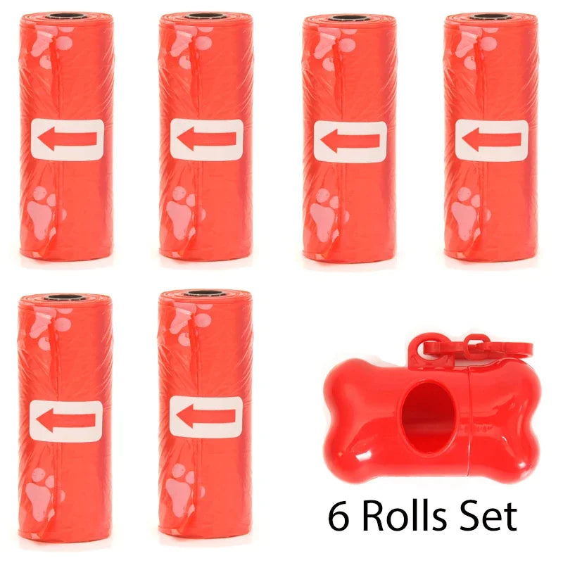 A set of six red reusable pet poop bag dispensers with white arrows and a leash clip.