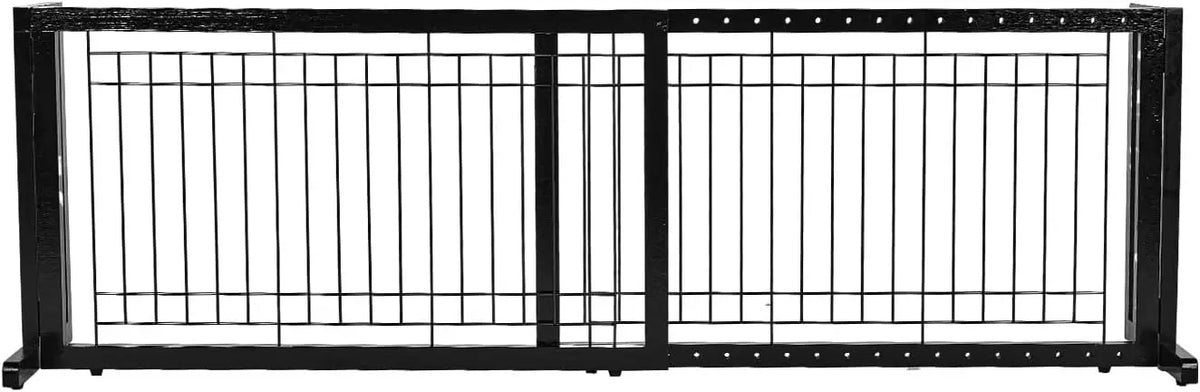 Black adjustable wooden pet gate with vertical bars for indoor use