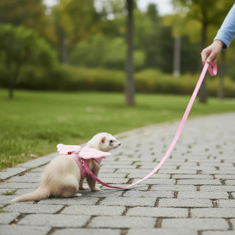 A small, light-colored dog is wearing a pink harness and leash while being held by a person on a paved path in a park.