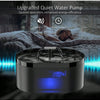 A black automatic cat water fountain is shown with blue light, resting on a surface.