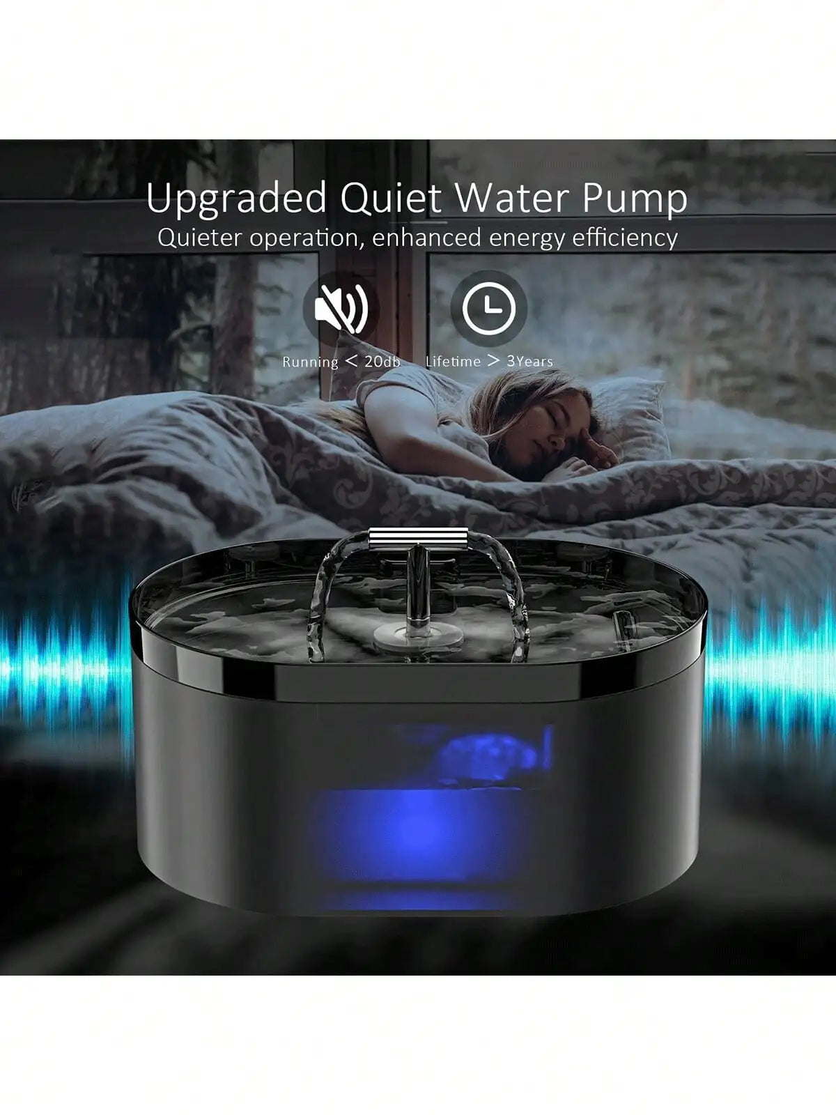 A black automatic cat water fountain is shown with blue light, resting on a surface.