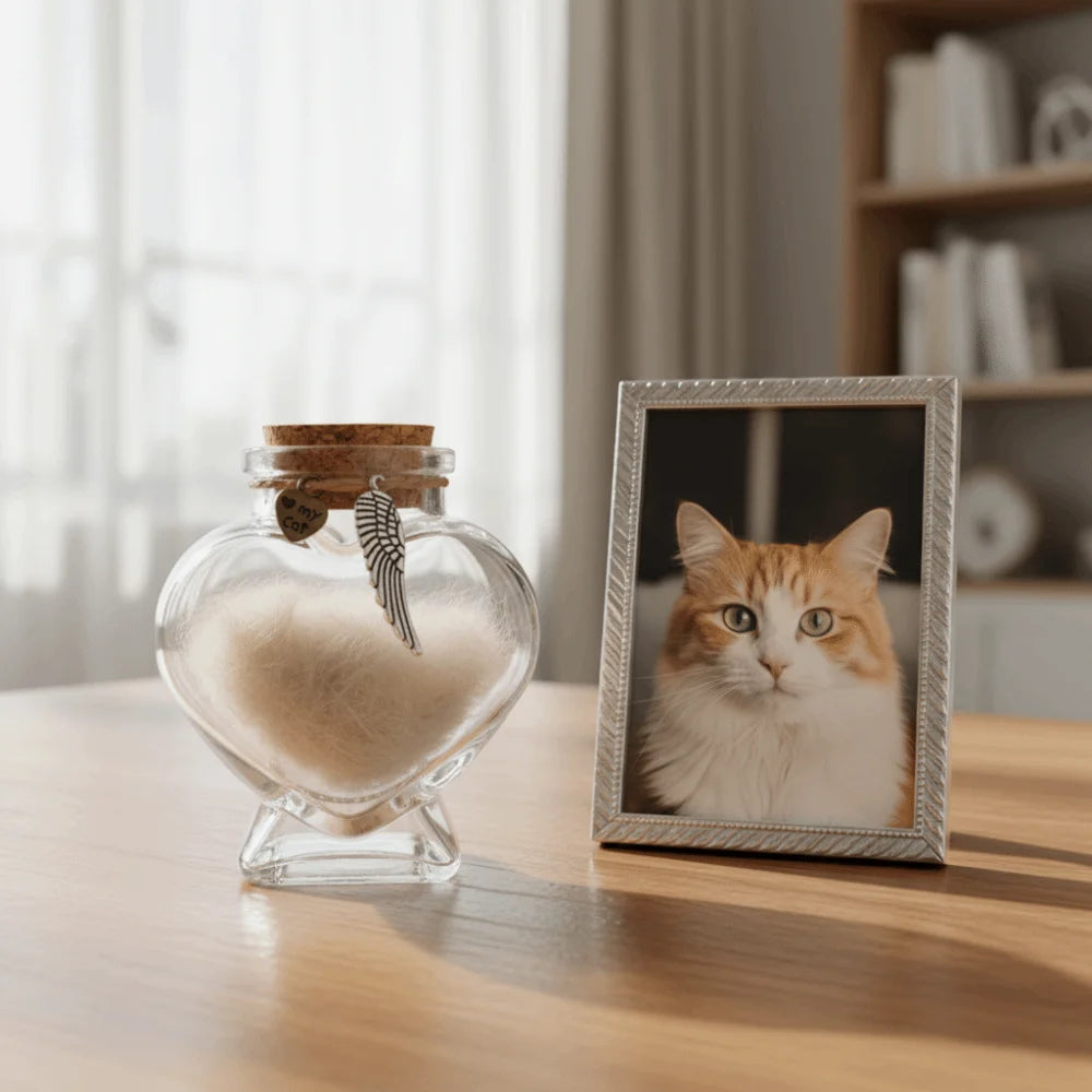A clear glass jar with a heart shape filled with pet hair and topped with a feather, next to a framed photo of an orange tabb