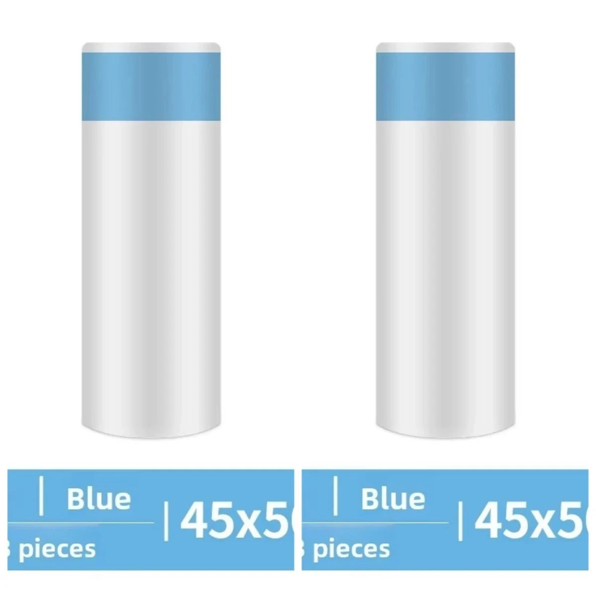 Two cylindrical blue and white drawstring trash bags with handles shown side by side.