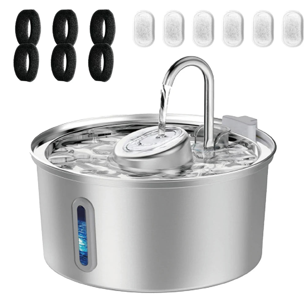 Stainless steel pet water fountain with a visible water level window and a silent pump