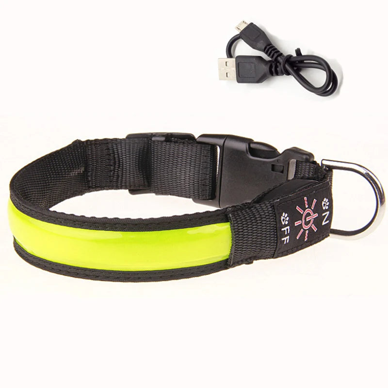 A black dog collar with a neon yellow glow band and a USB charging connector.
