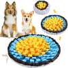 A snuffle mat for dogs showing various folded yellow fabric toys and a blue mat.