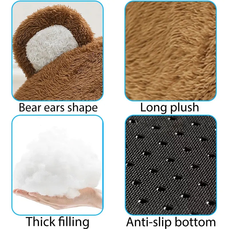 Gros plan d'un article en peluche marron avec forme d'oreilles d'ours, texture lisse et remplissage épais, et fond antidérapa