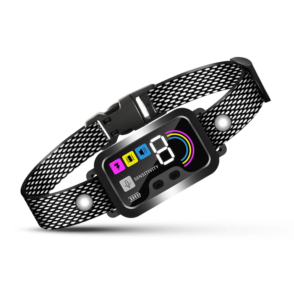 Collar anti-lamido negro recargable con pantalla digital y ajuste de sensibilidad.