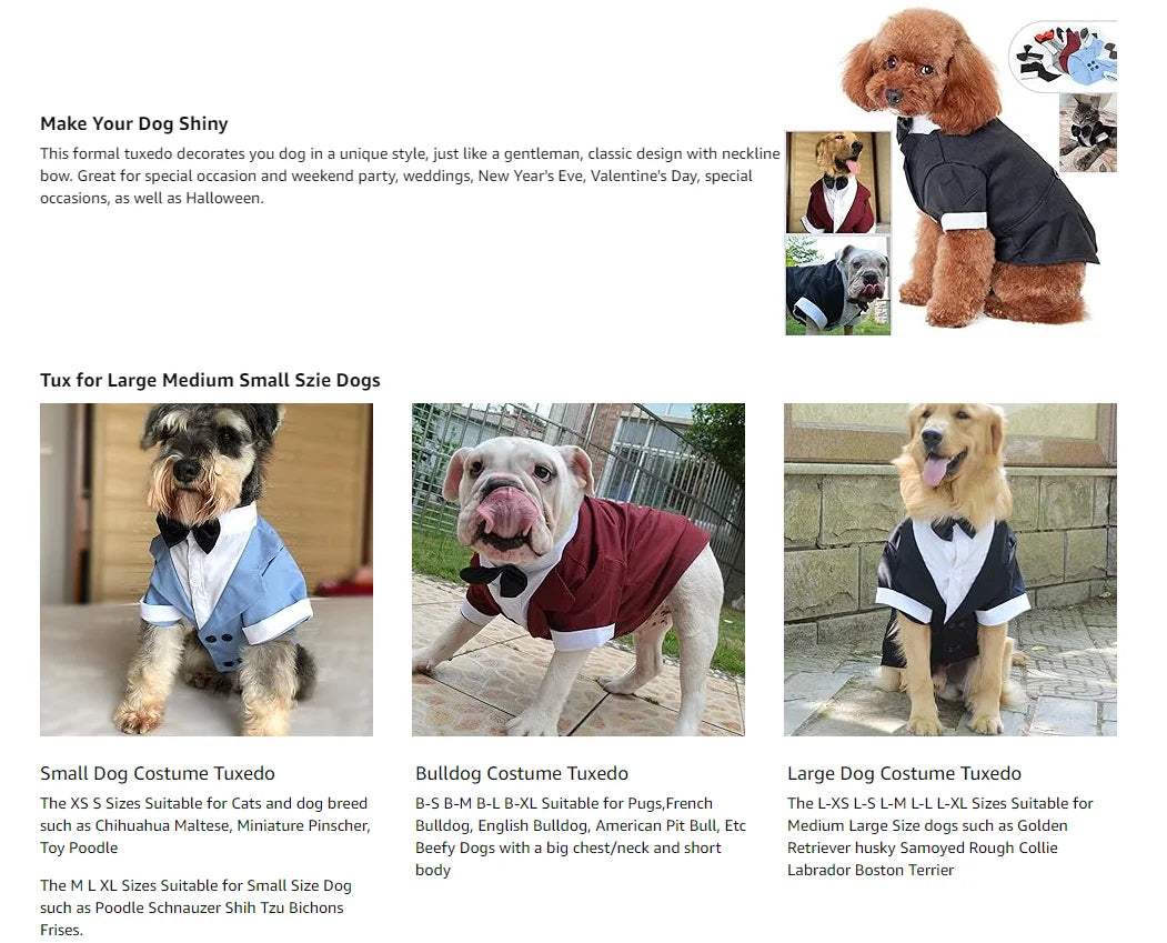 Classic pet tuxedo with a black bow tie for dogs and cats