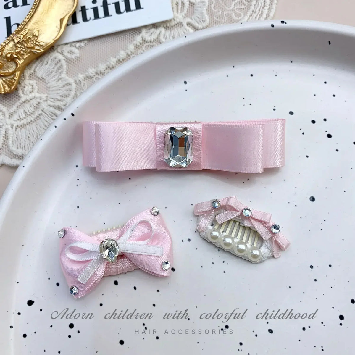 Pink Bow Pet Hair Clip with Rhinestone & Pearl Accents