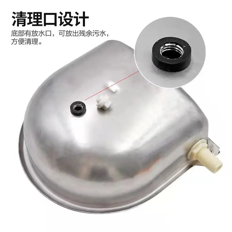Stainless steel automatic floating water bowl for livestock with a drain plug visible
