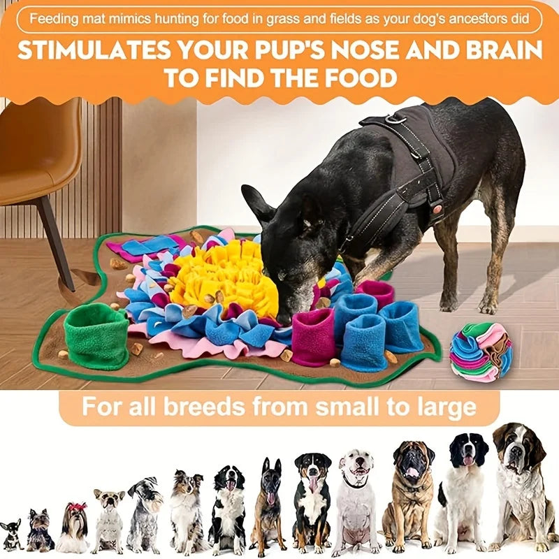 Eine Matte mit bunten Spielzeugen neben einem Hund, die ein interaktives Schnüff- und Langsamfütter-Tool für Haustiere demons