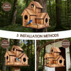 A rustic wooden bird house is shown mounted on a tree trunk, with options for pole or hanging installation.