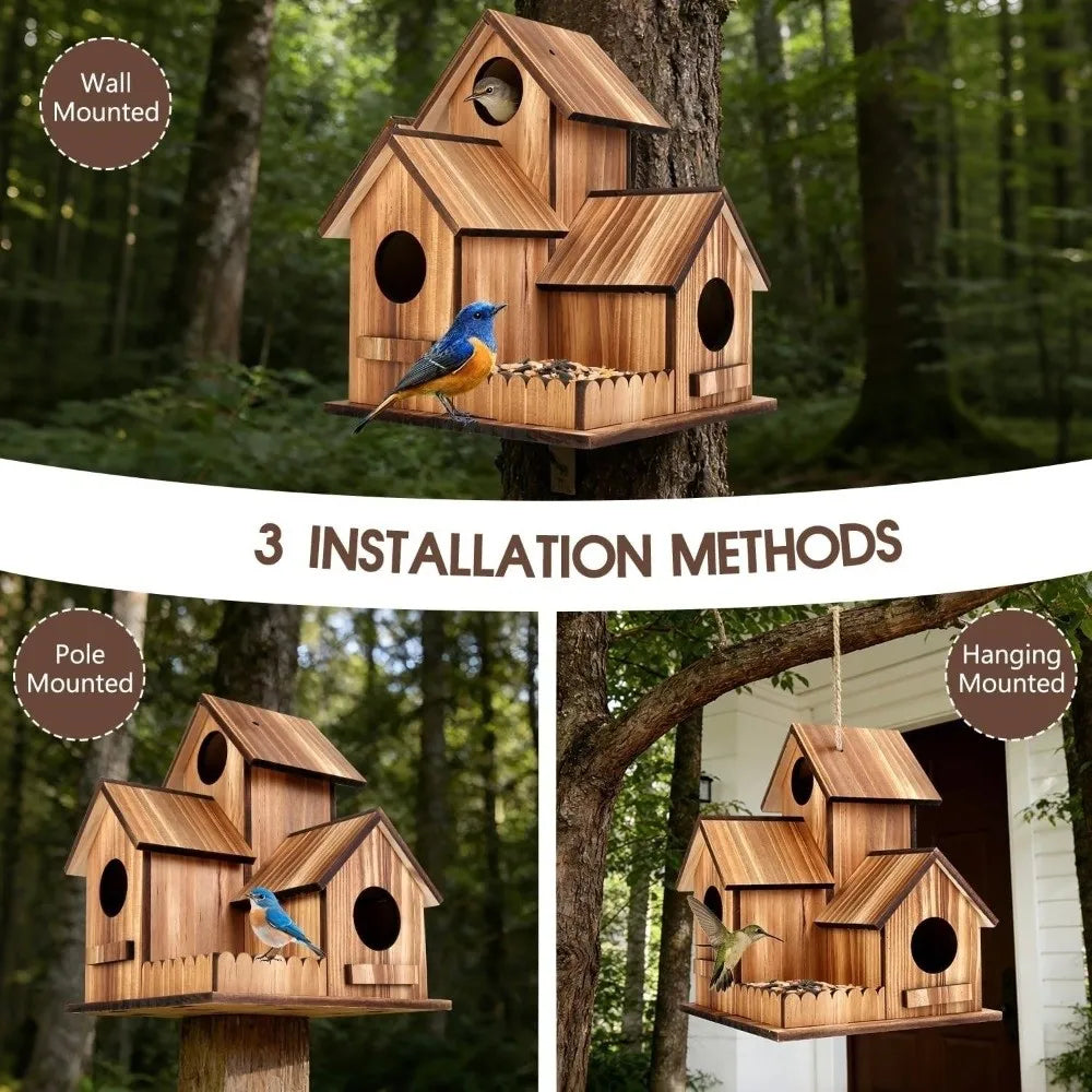 A rustic wooden bird house is shown mounted on a tree trunk, with options for pole or hanging installation.