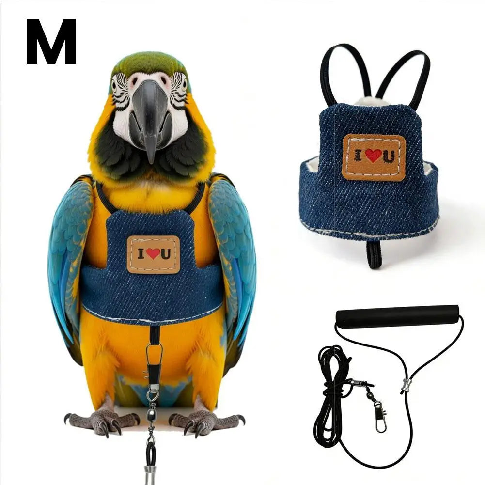 Set of adjustable denim bird harness and flight leash for a parrot