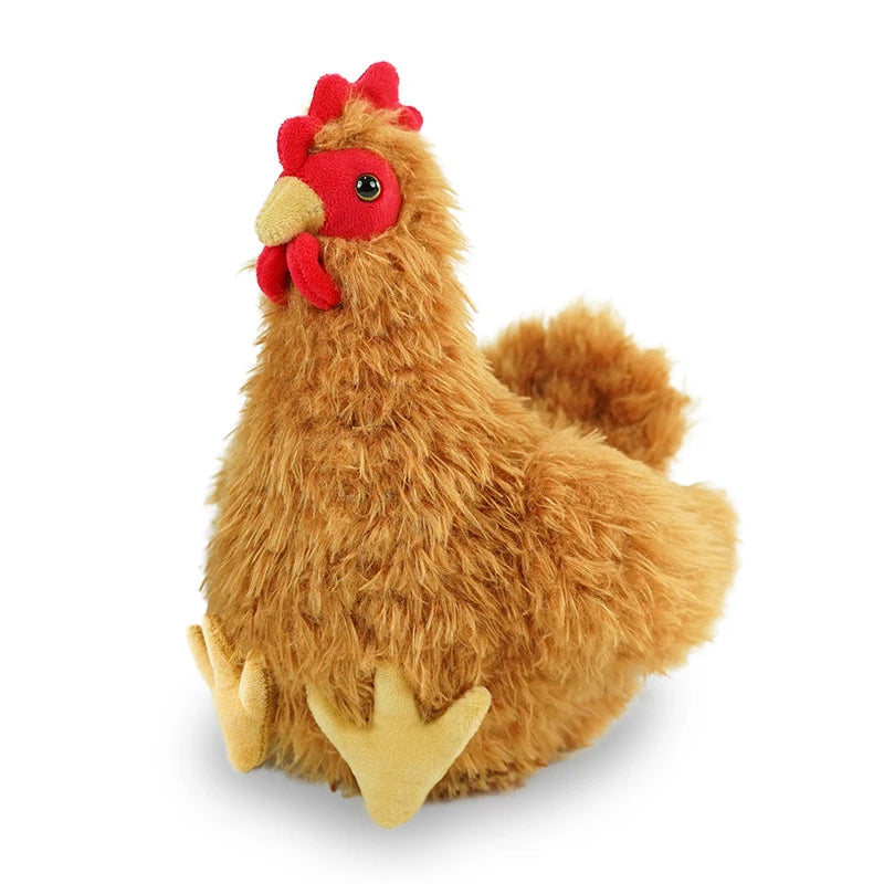 A lifelike plush rooster and hen set with brown feathers and red comb, used as soft farm animal pillows.
