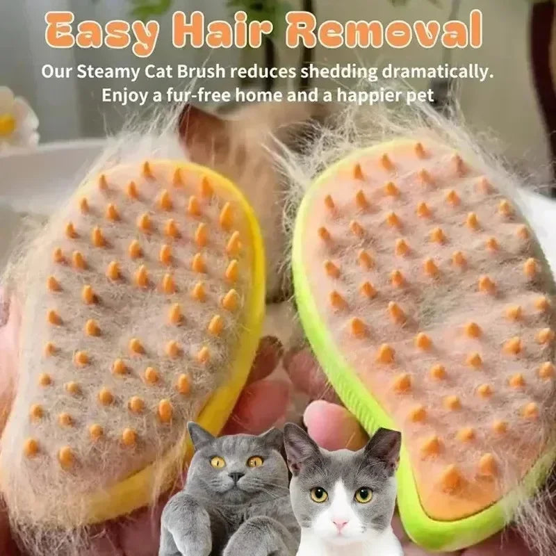 A yellow and green electric steam brush is shown with cat fur, demonstrating easy hair removal for pets.