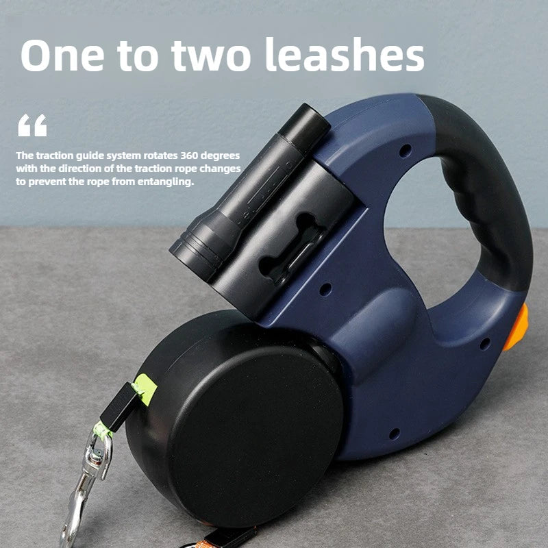 A blue retractable leash system with a black handle and a yellow-green rope is shown against a gray background.