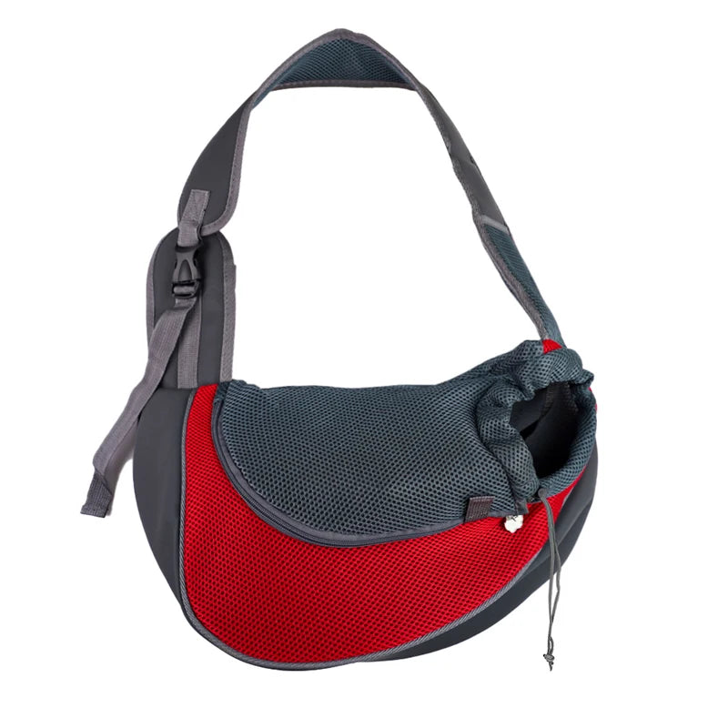 A breathable mesh pet carrier sling in gray and red fabric.