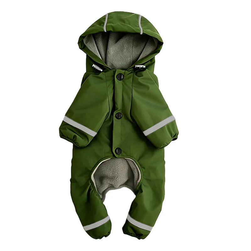 A olive green insulated hooded raincoat for a dog with reflective strips.