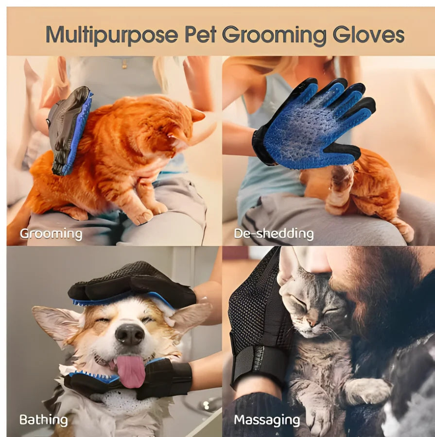 A collection of multipurpose pet grooming gloves shown in use for grooming, de-shedding, and massaging pets.