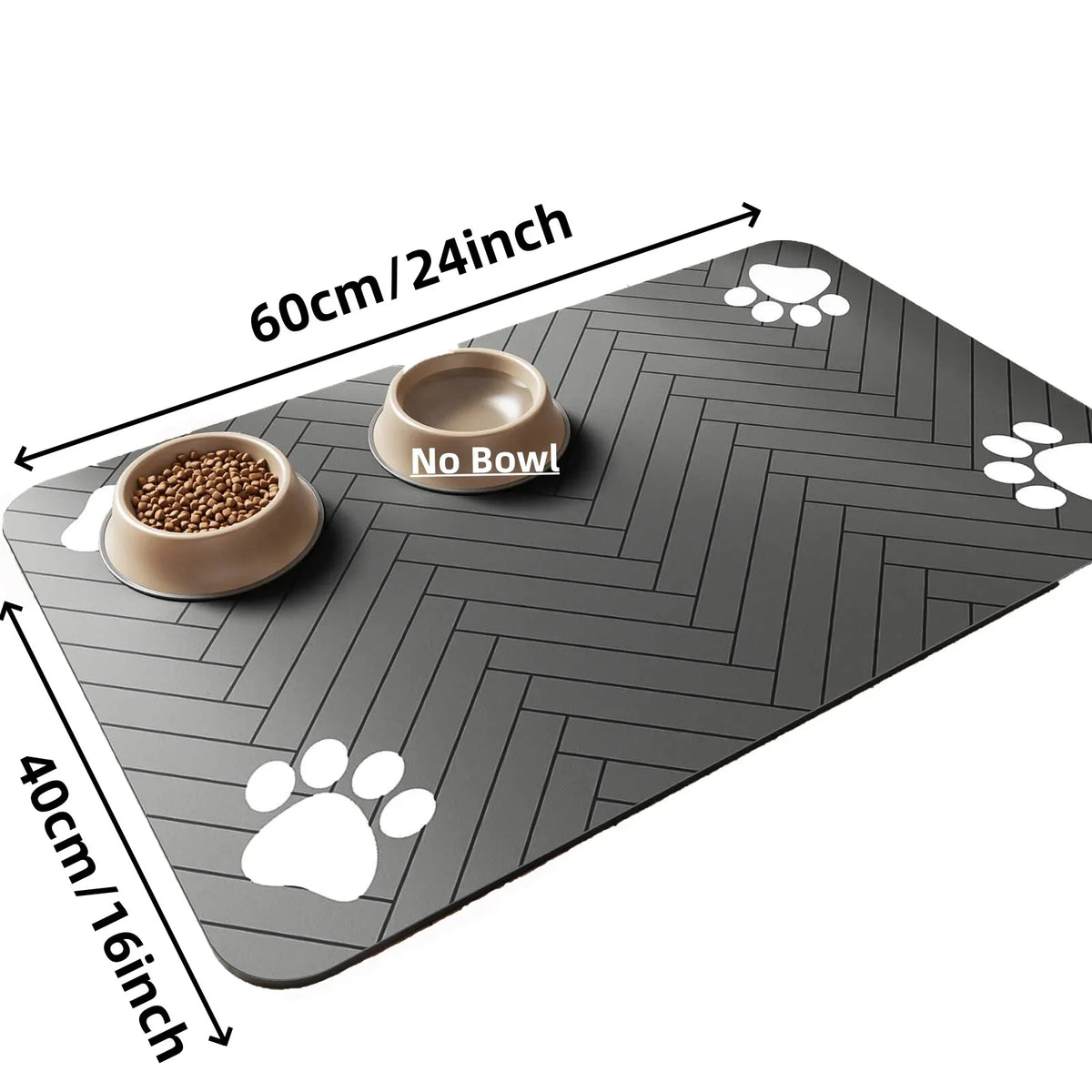 A gray pet feeding mat with a herringbone pattern, showing a bowl of dry pet food and a 'No Bowl' sign.