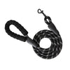 Black reflective dog leash with a padded handle coiled and looped.