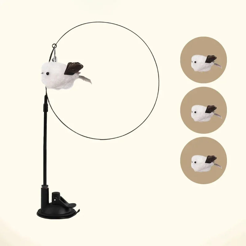A white and black feather wand cat toy is shown suspended by a rod, with several circular views demonstrating the toy's featu