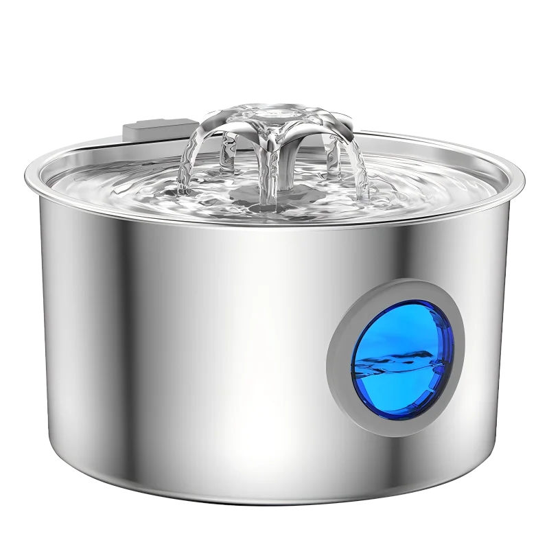 Stainless steel automatic cat water fountain with a visible water stream and blue accent.