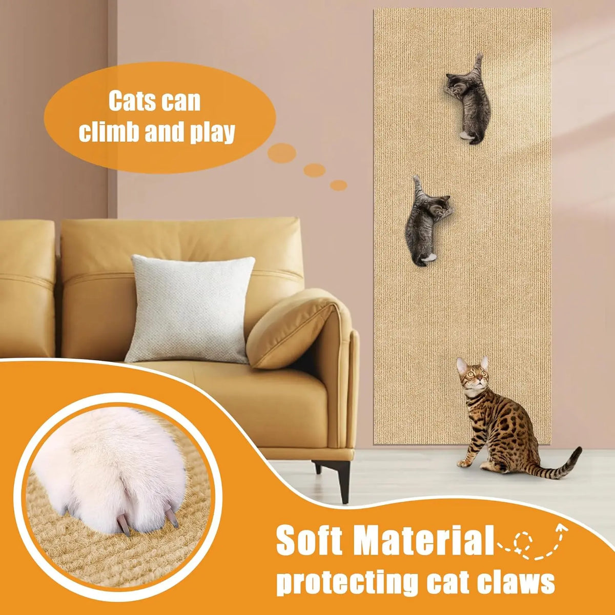 Eine Katze klettert auf eine vertikale Kratzmatte aus weichem Material, um Möbel zu schützen.