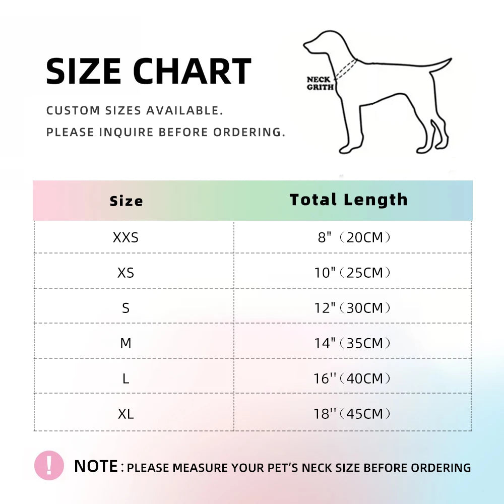 Size chart for pet collars showing sizes XXS to XL with corresponding total lengths in inches and centimeters.
