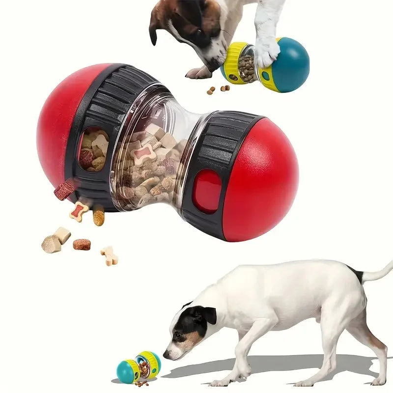 A dog toy featuring a red and black dispenser for slow-feeding dog snacks, with a dog nearby.