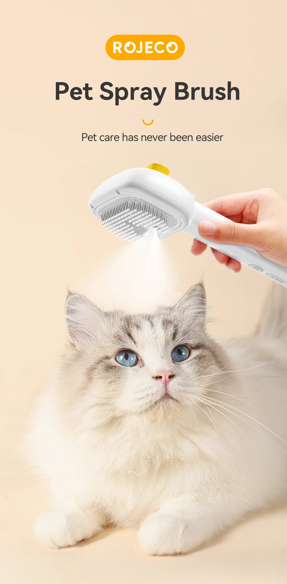 A hand is using a white pet spray brush to groom a fluffy gray and white cat.