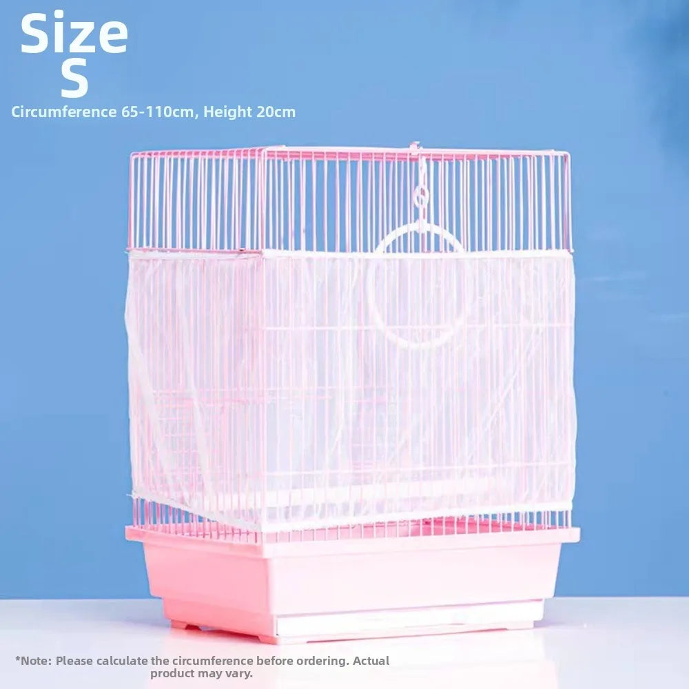 Pink universal bird cage mesh cover set with a bottom tray and vertical bars